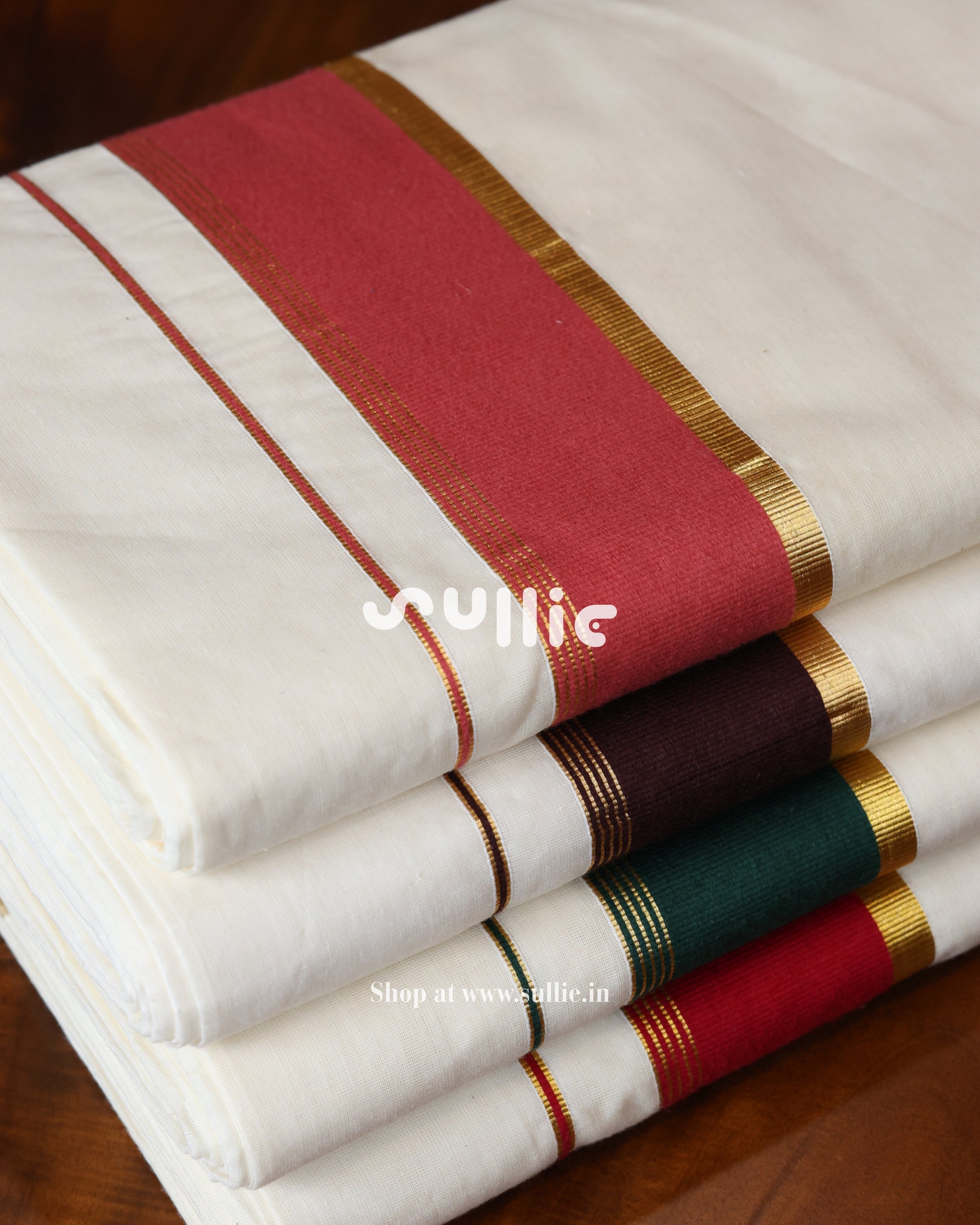 Kerala Kasavu Cotton Saree with Contrast Border | Onam Saree | Pink - Brown - Green - Red