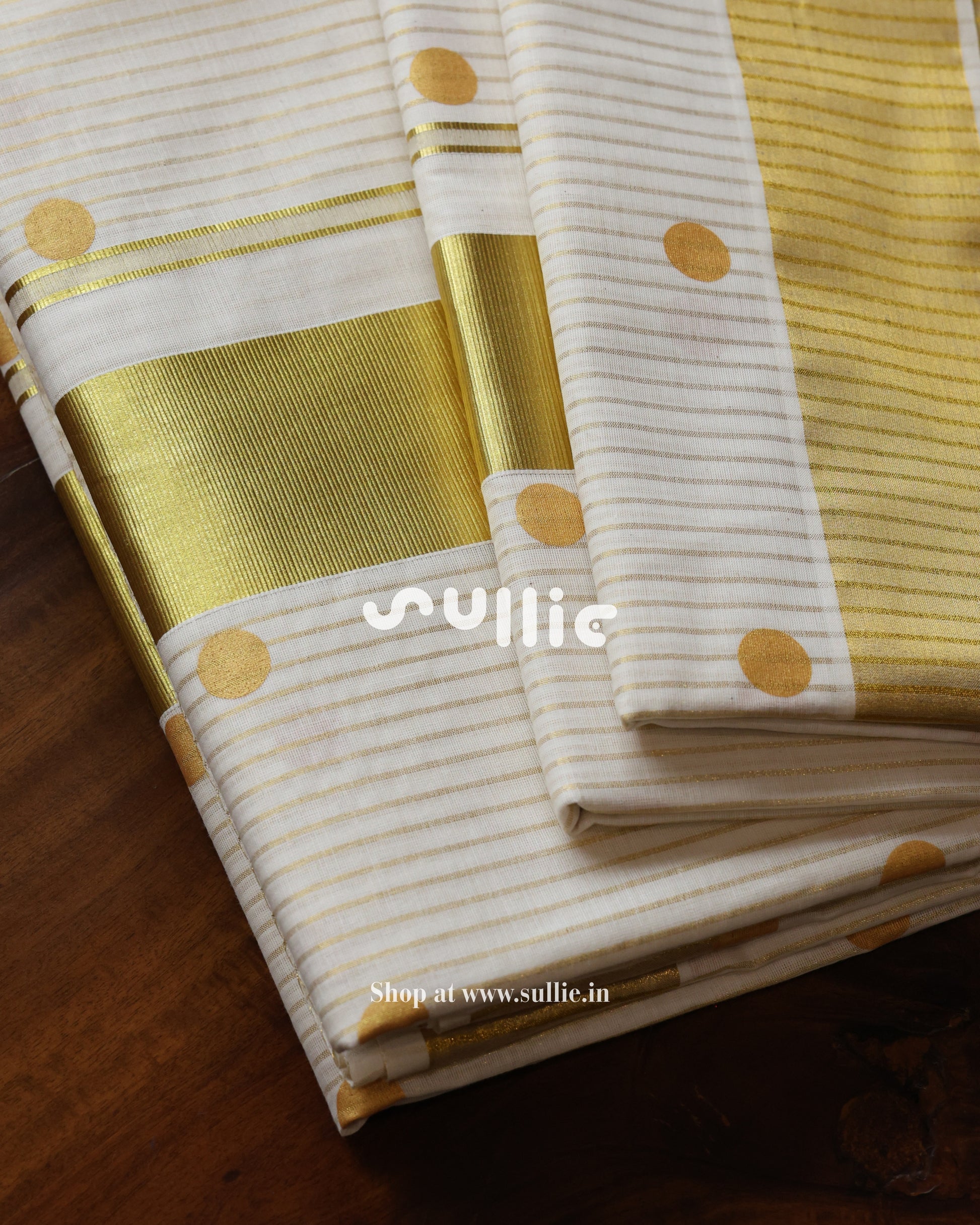 Kerala Kasavu Cotton Saree with Stripes & Polka Dots | Onam Saree