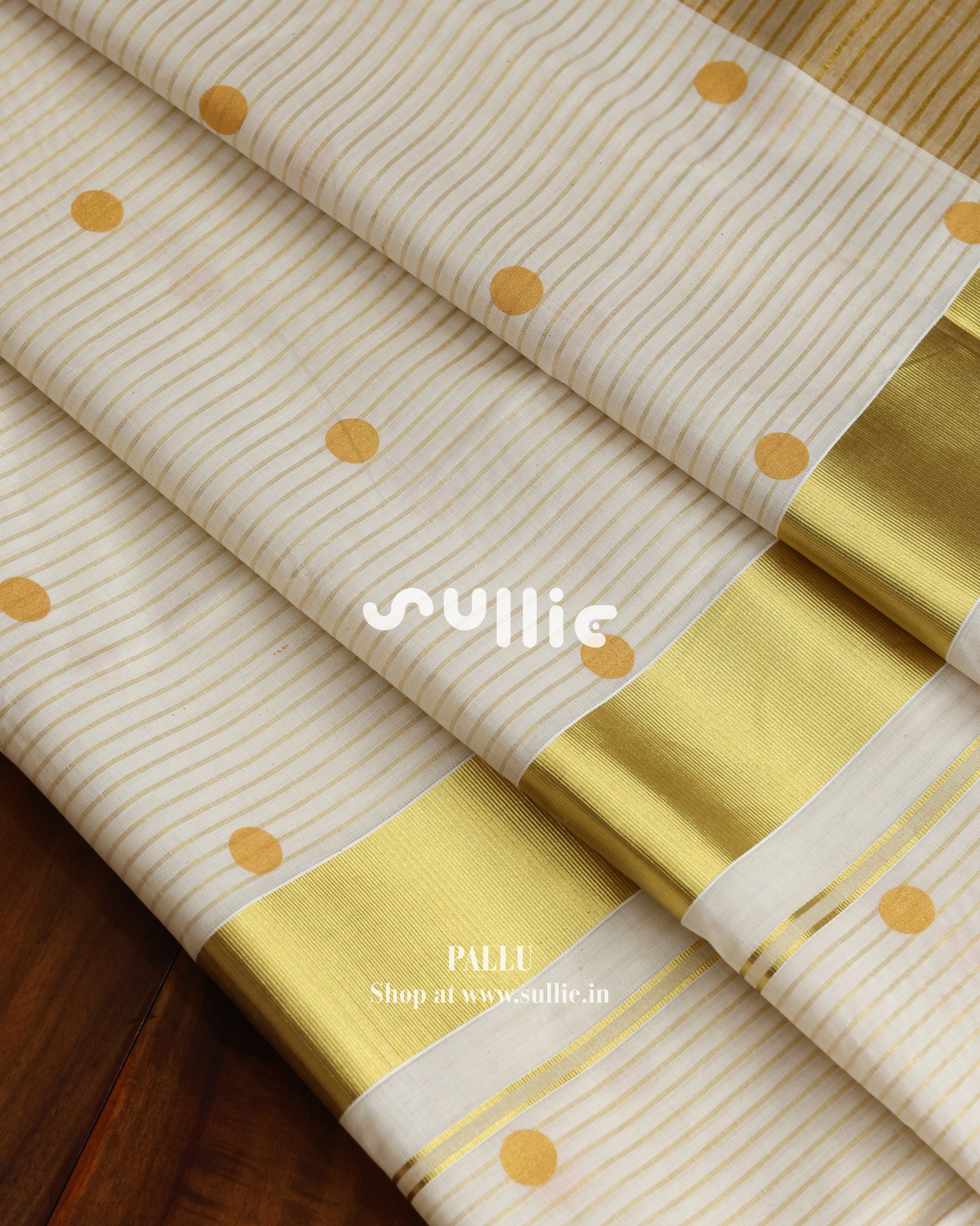 Kerala Kasavu Cotton Saree with Stripes & Polka Dots | Onam Saree