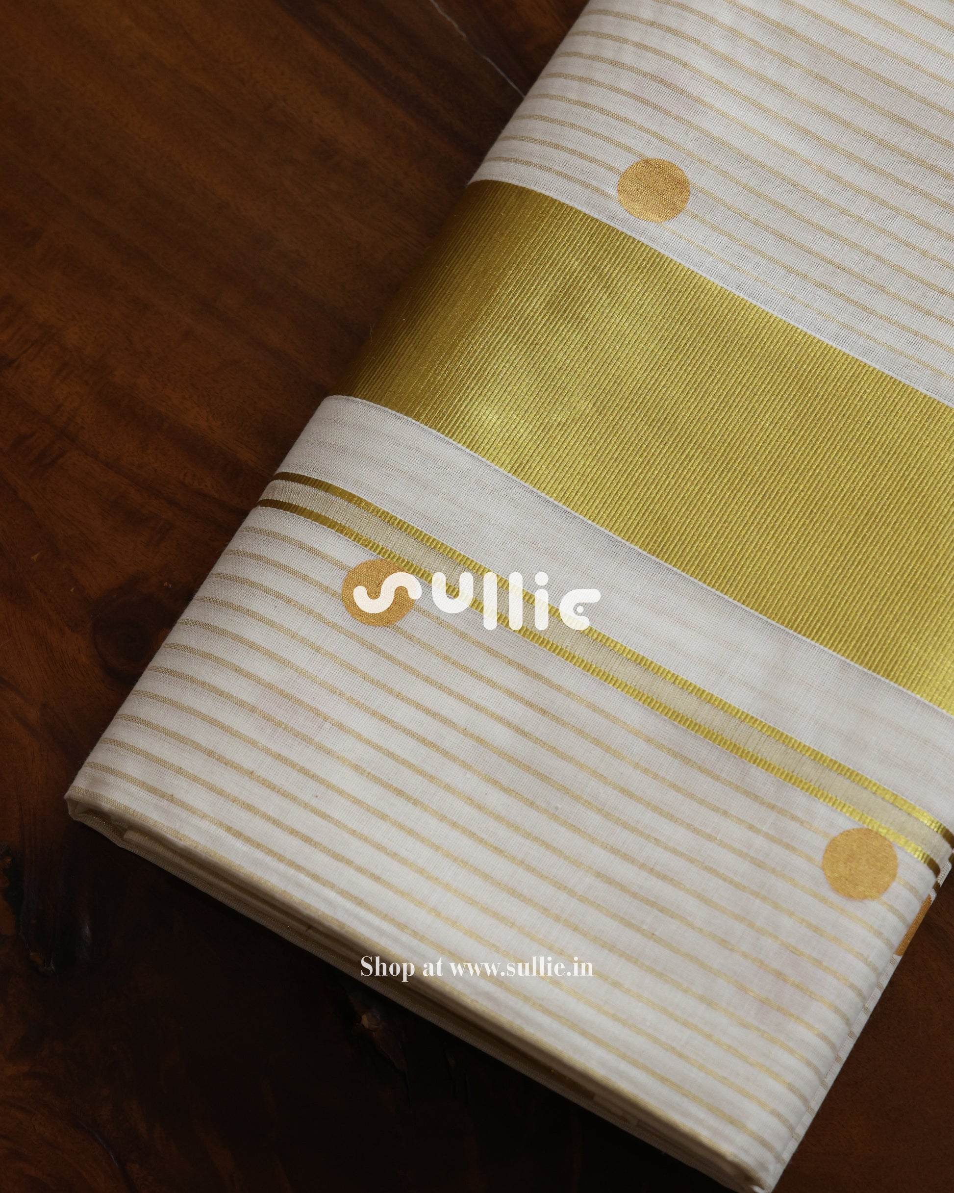 Kerala Kasavu Cotton Saree with Stripes & Polka Dots | Onam Saree