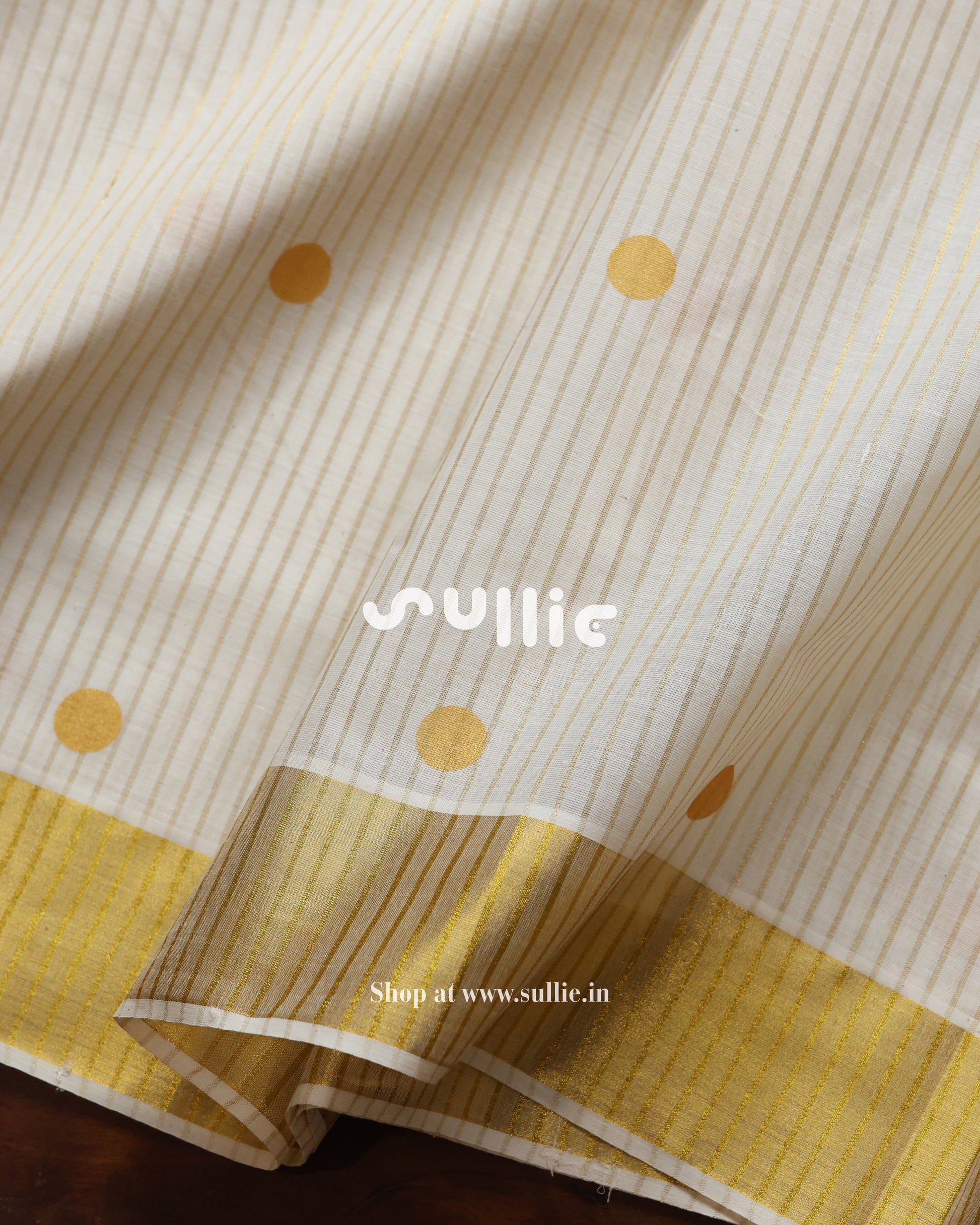 Kerala Kasavu Cotton Saree with Stripes & Polka Dots | Onam Saree
