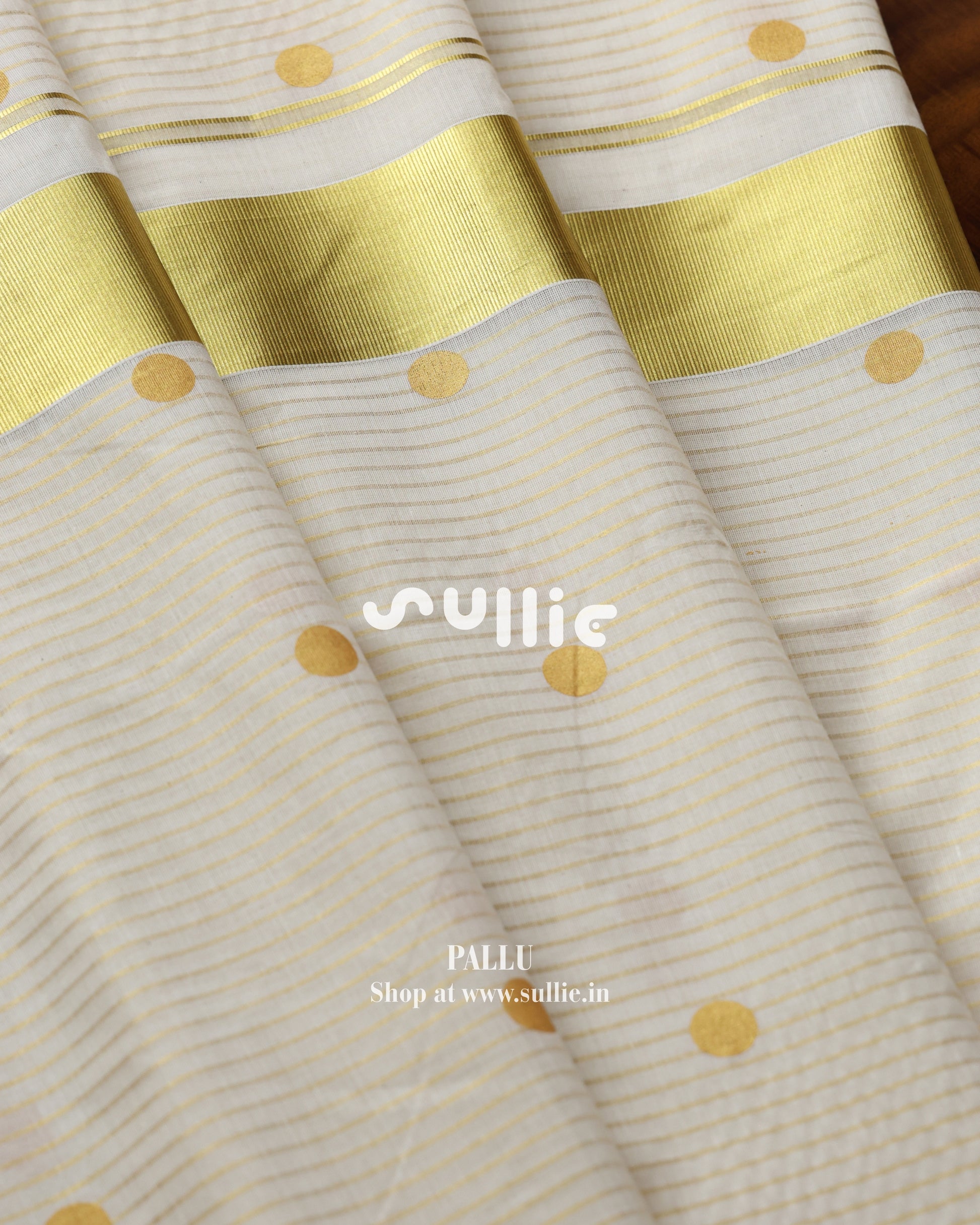 Kerala Kasavu Cotton Saree with Stripes & Polka Dots | Onam Saree