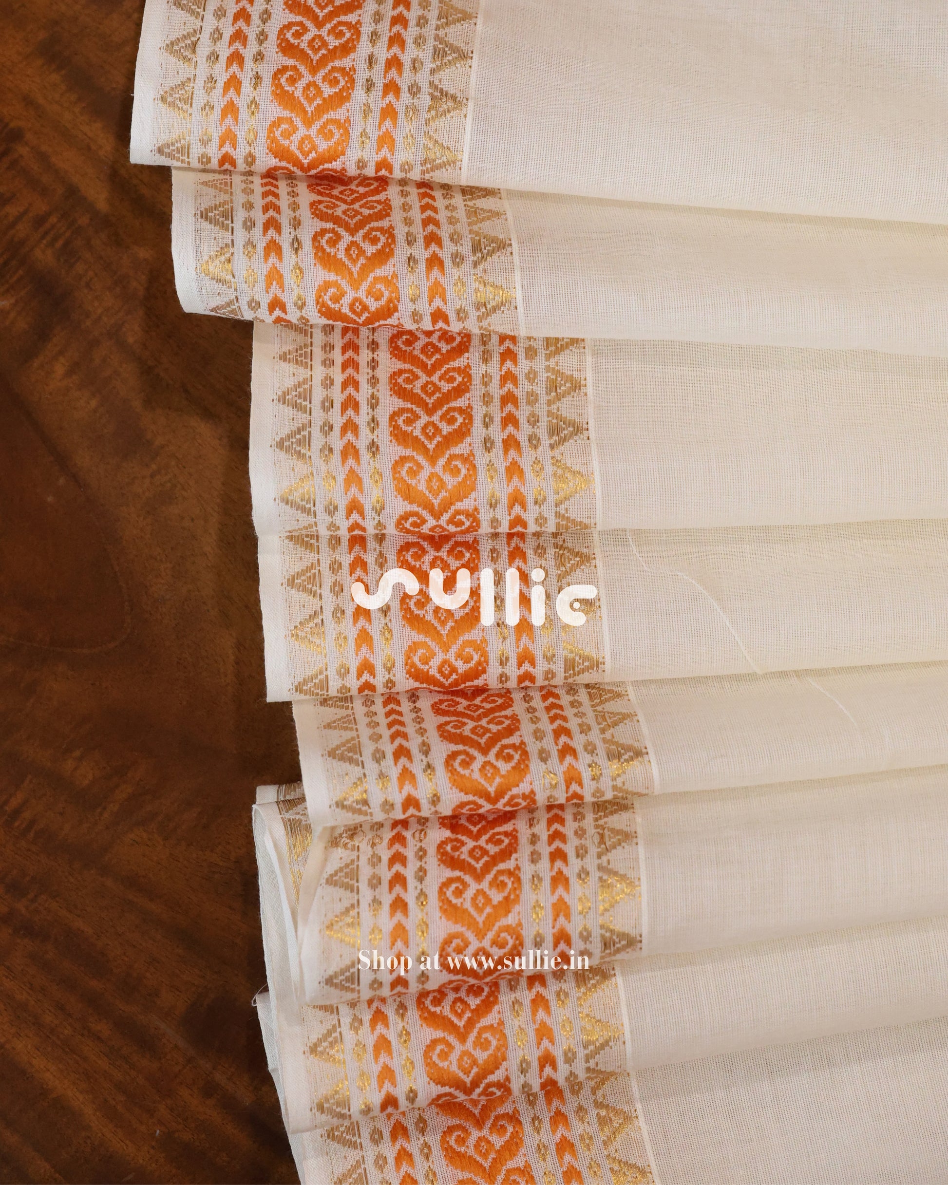Kerala Kasavu Cotton Saree with Orange threadwork | Onam Saree