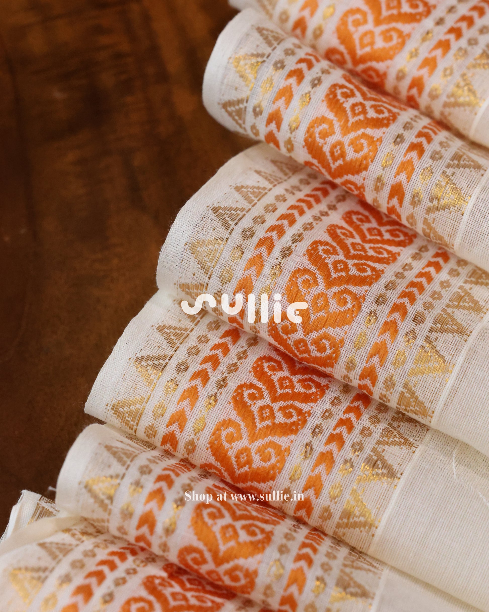 Kerala Kasavu Cotton Saree with Orange threadwork | Onam Saree