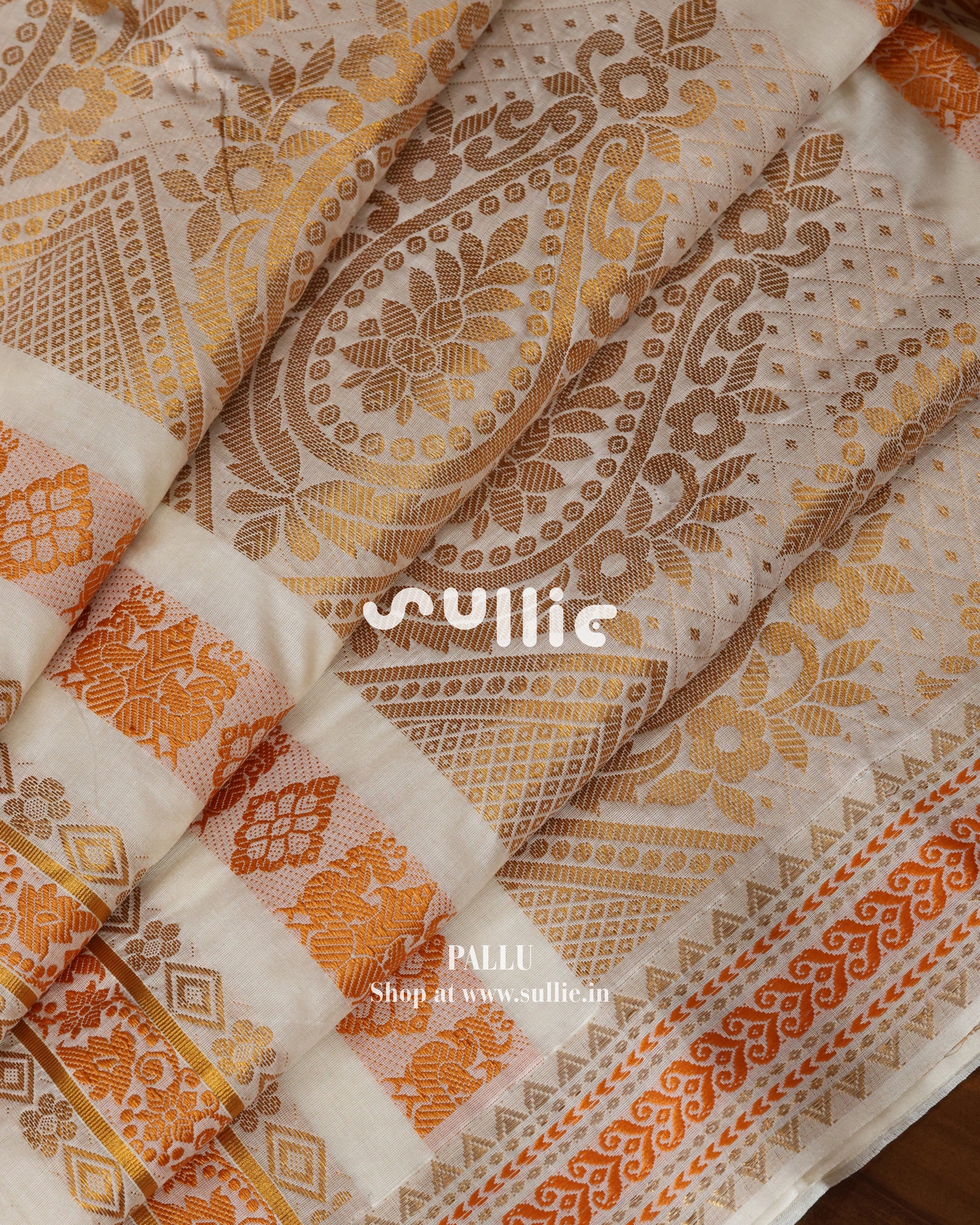 Kerala Kasavu Cotton Saree with Orange threadwork | Onam Saree
