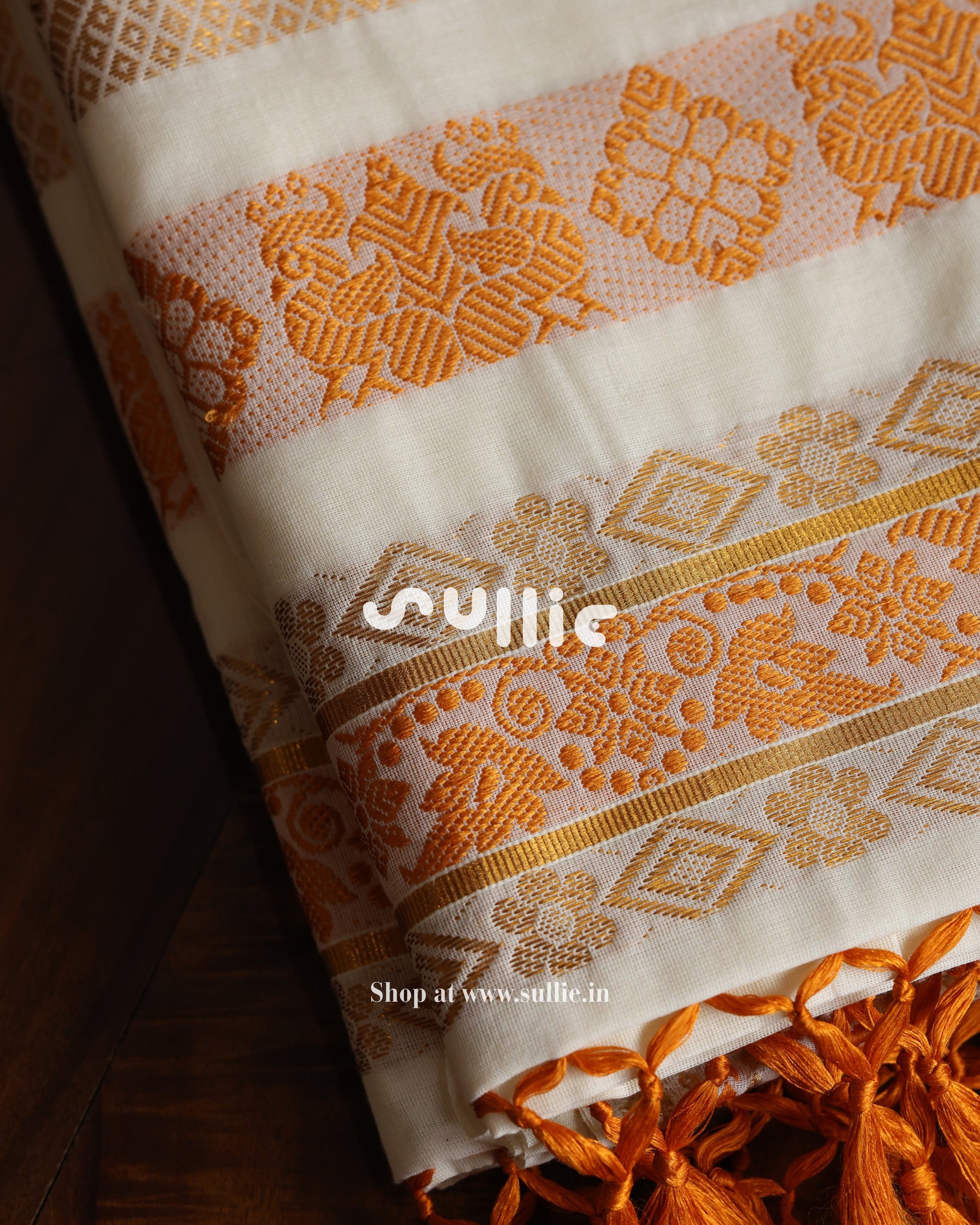 Kerala Kasavu Cotton Saree with Orange threadwork | Onam Saree
