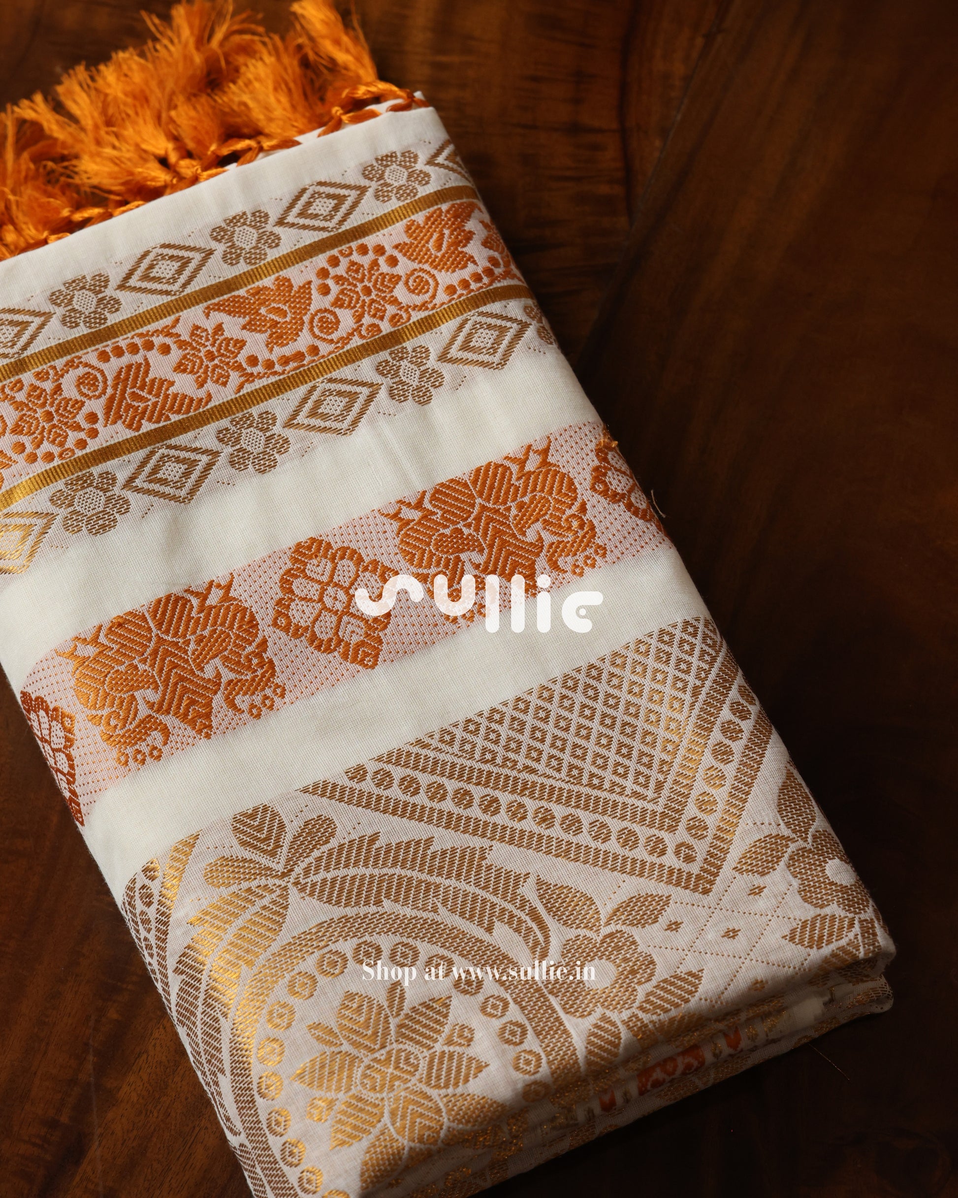 Kerala Kasavu Cotton Saree with Orange threadwork | Onam Saree