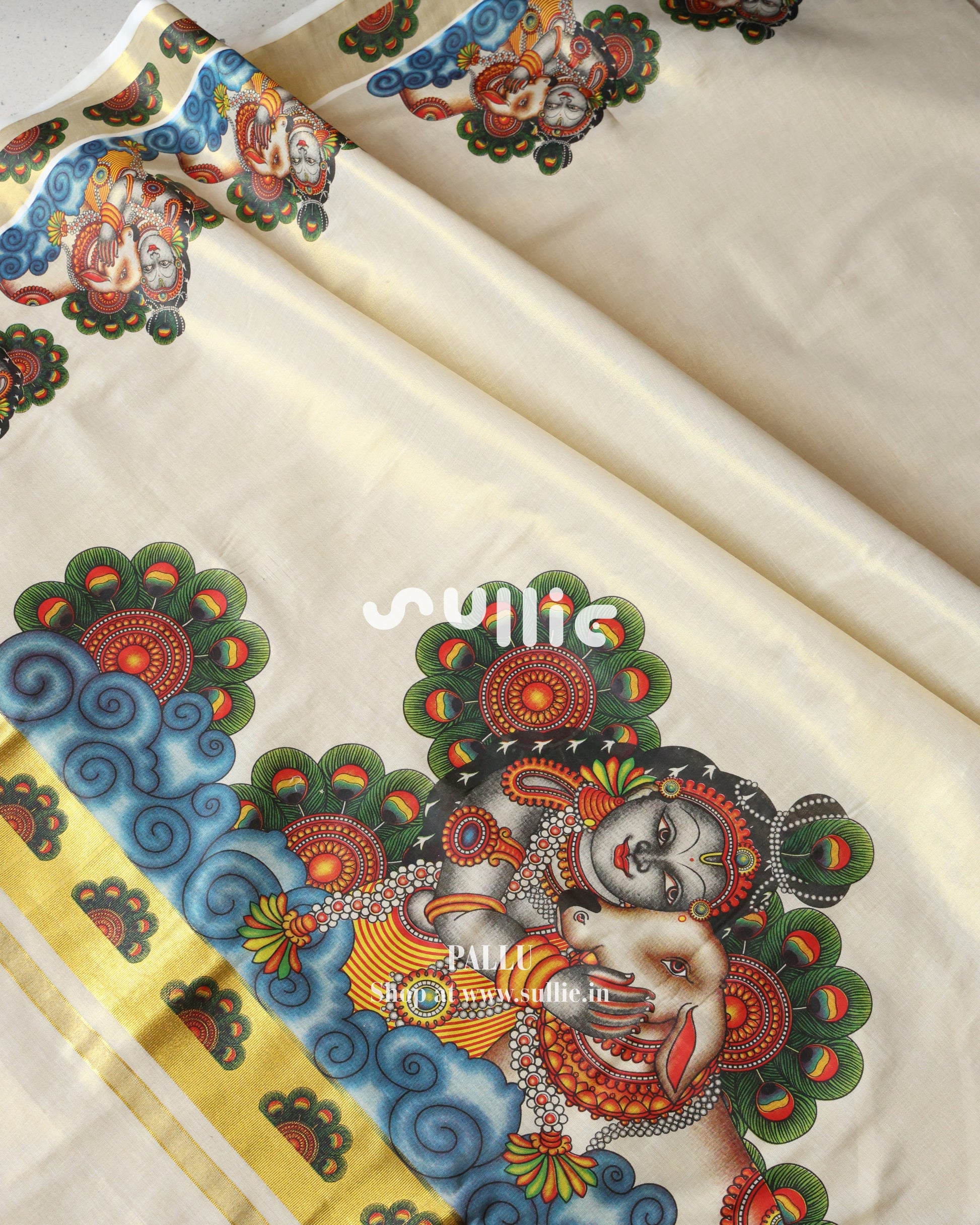 Divine Embrace - Kerala Tissue Saree with Krishna-Calf Mural | Onam Saree