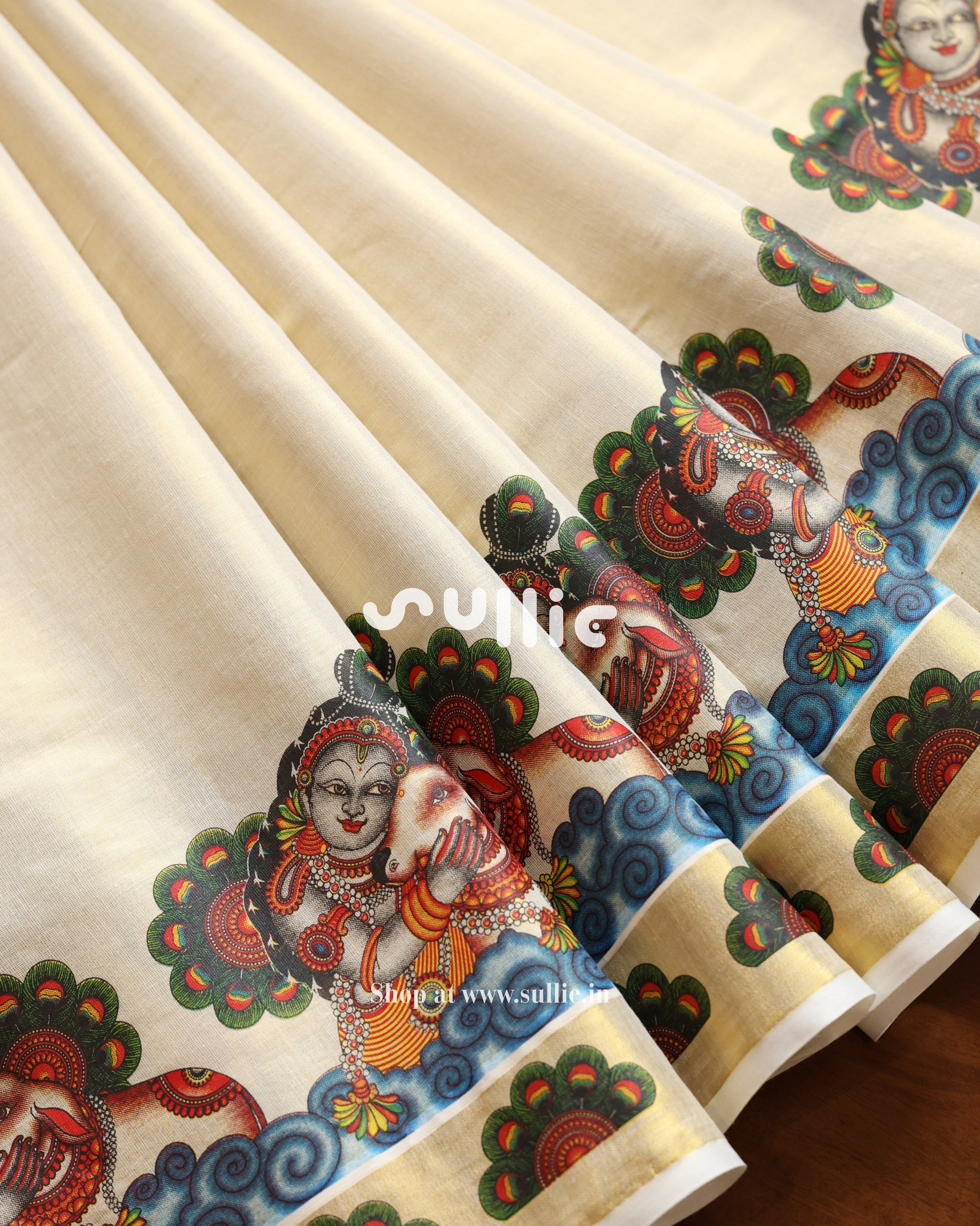 Divine Embrace - Kerala Tissue Saree with Krishna-Calf Mural | Onam Saree