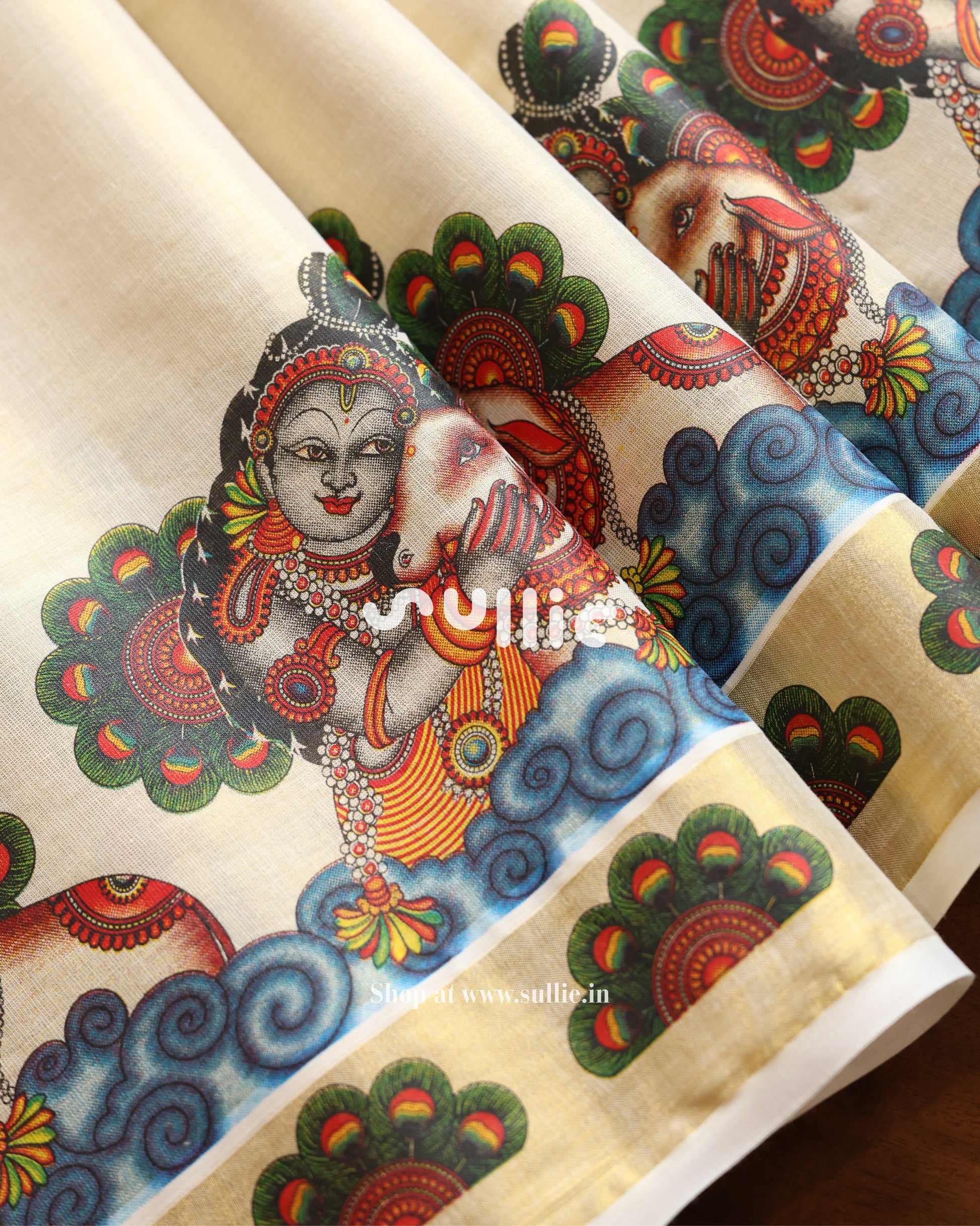 Divine Embrace - Kerala Tissue Saree with Krishna-Calf Mural | Onam Saree