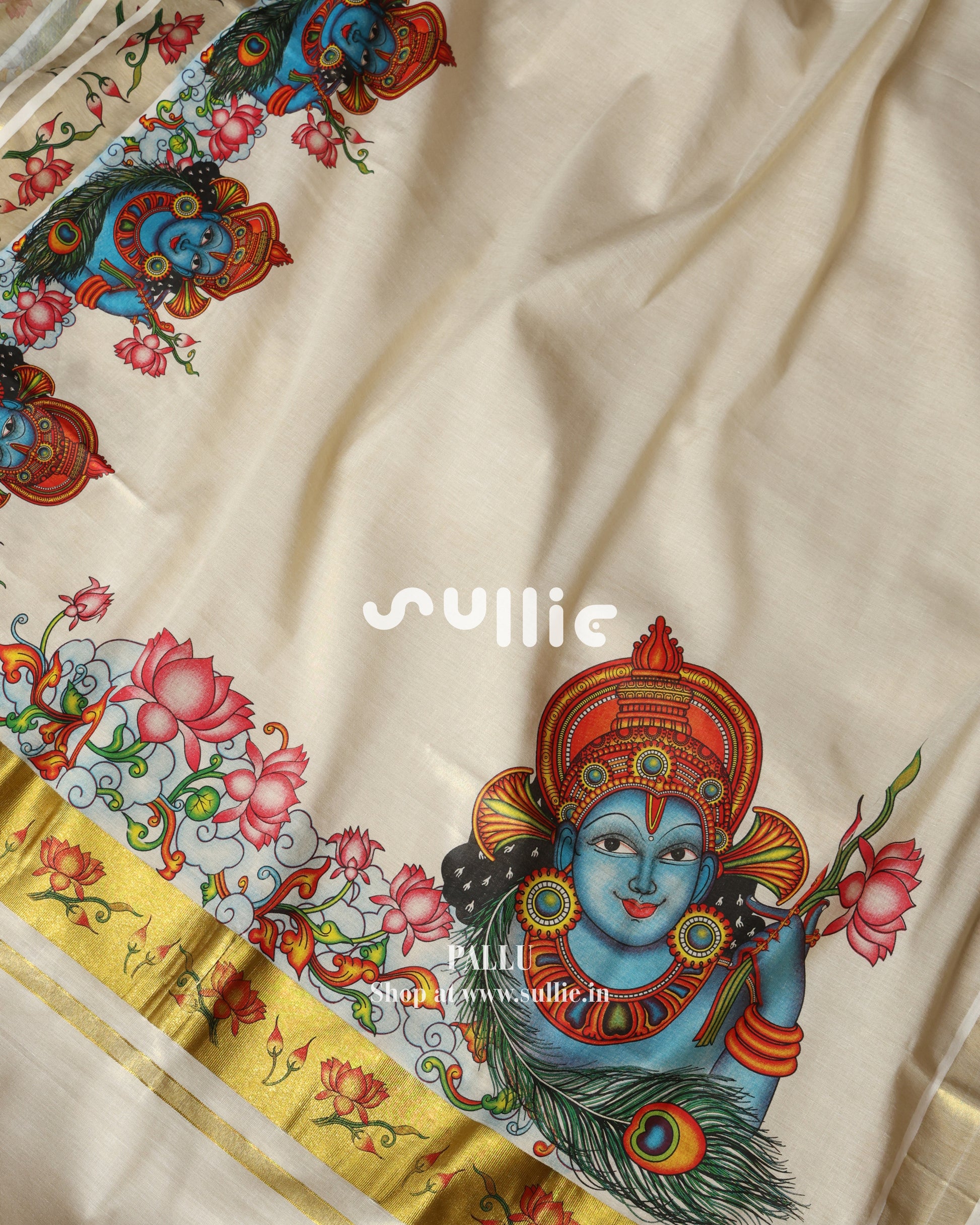 Krishna in Bloom – Kerala Tissue Kasavu Saree with Lotus Mural | Onam Saree