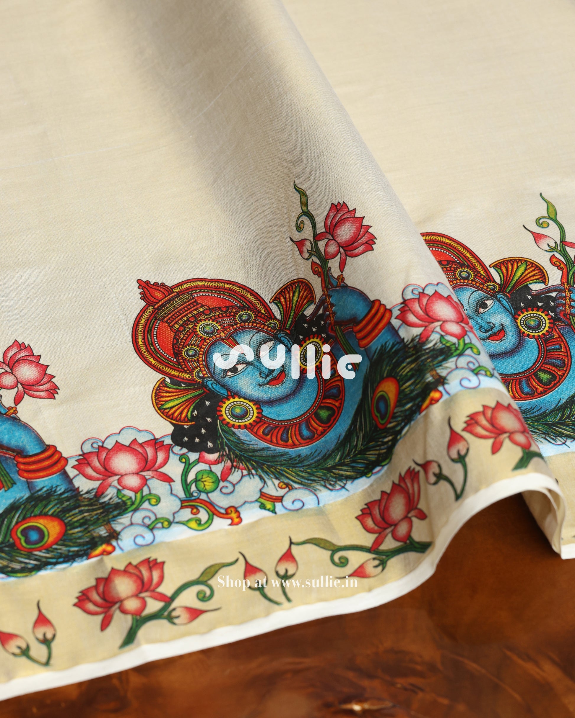 Krishna in Bloom – Kerala Tissue Kasavu Saree with Lotus Mural | Onam Saree