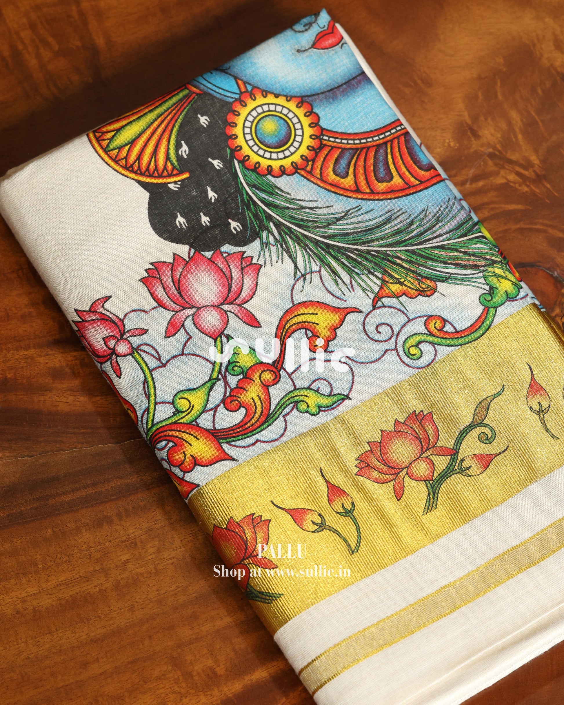 Krishna in Bloom – Kerala Tissue Kasavu Saree with Lotus Mural | Onam Saree