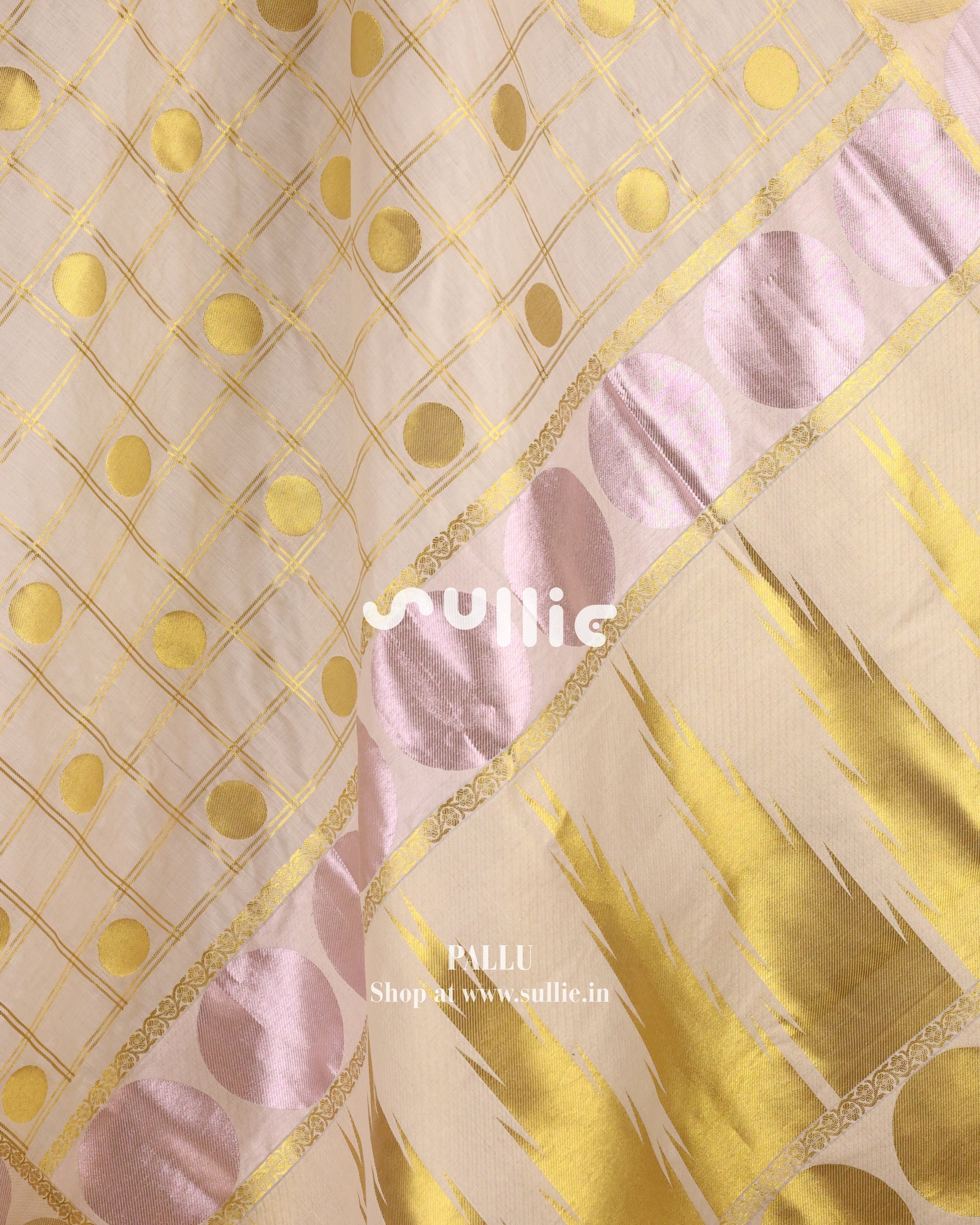 Circles & Stripes - Ivory Tissue Drape with Geometric Gold Accents | Onam Kerala Saree