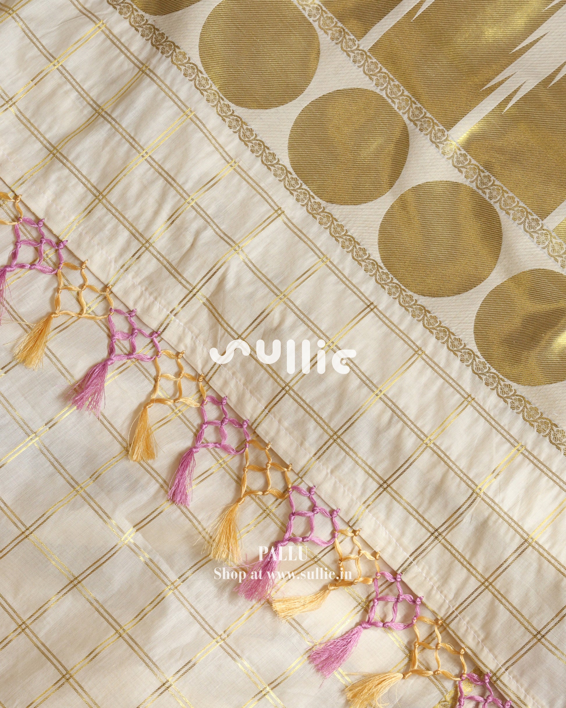 Circles & Stripes - Ivory Tissue Drape with Geometric Gold Accents | Onam Kerala Saree