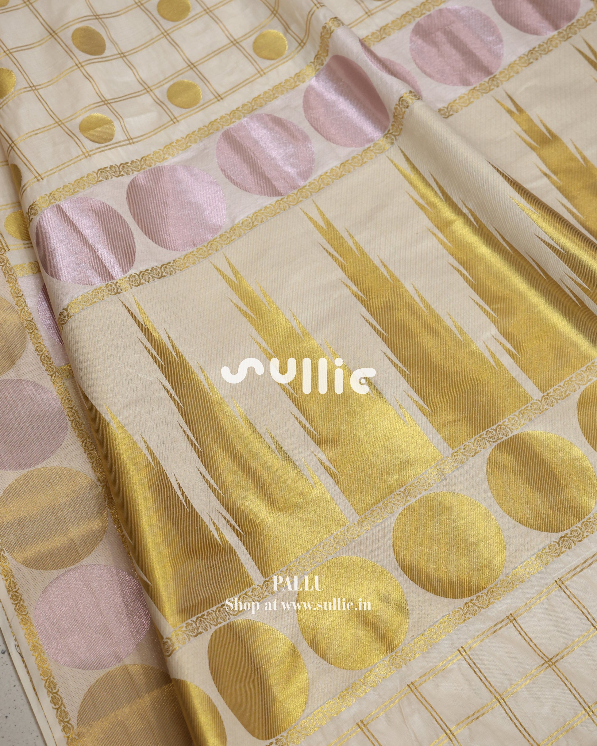 Circles & Stripes - Ivory Tissue Drape with Geometric Gold Accents | Onam Kerala Saree